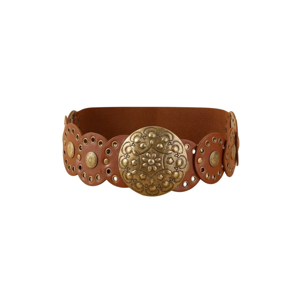 Womens Brown caramel Elastic Waist Belt Antique Gold Medallion Boho 29.5 inch